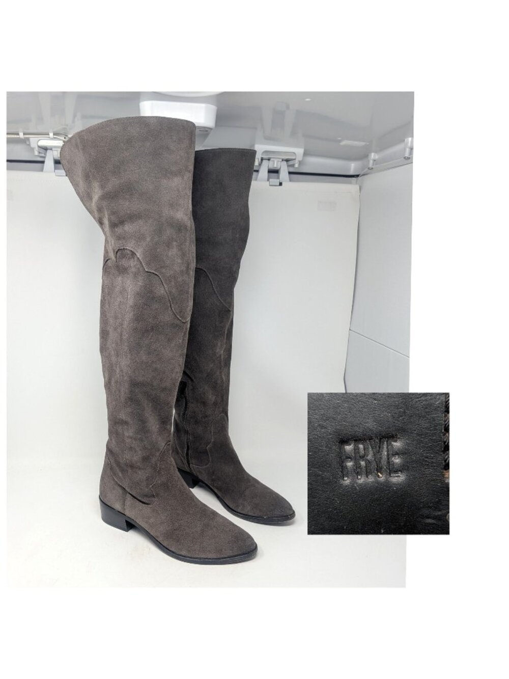 Frye Over Knee Suede Boots 8 Gray Leather Heel
